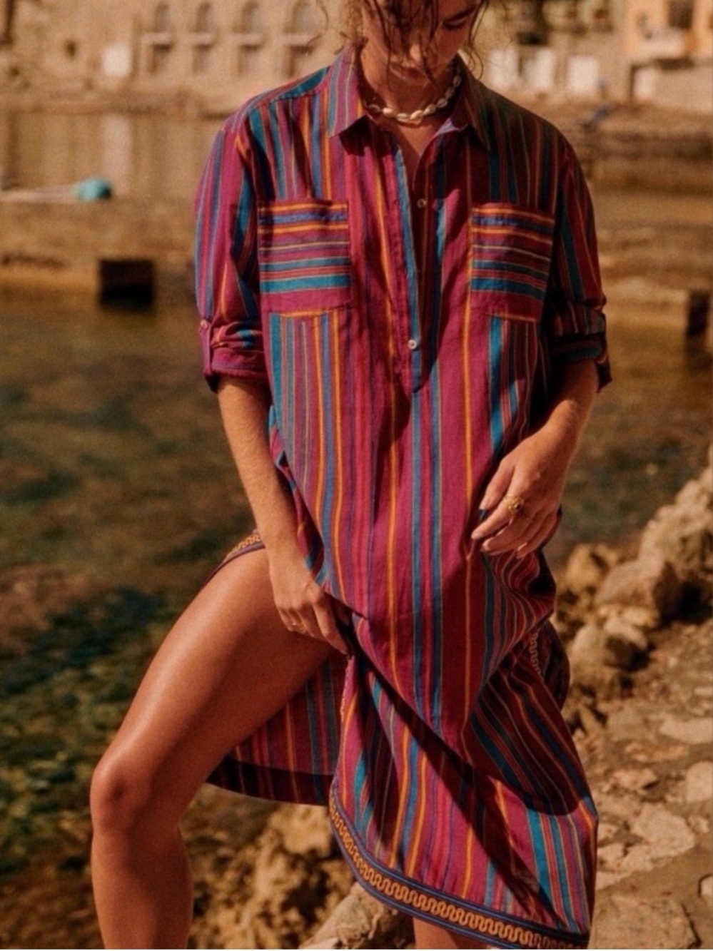 Sezane Striped Asymmetrical Shirt Dress in Magenta, Teal & Mustard
